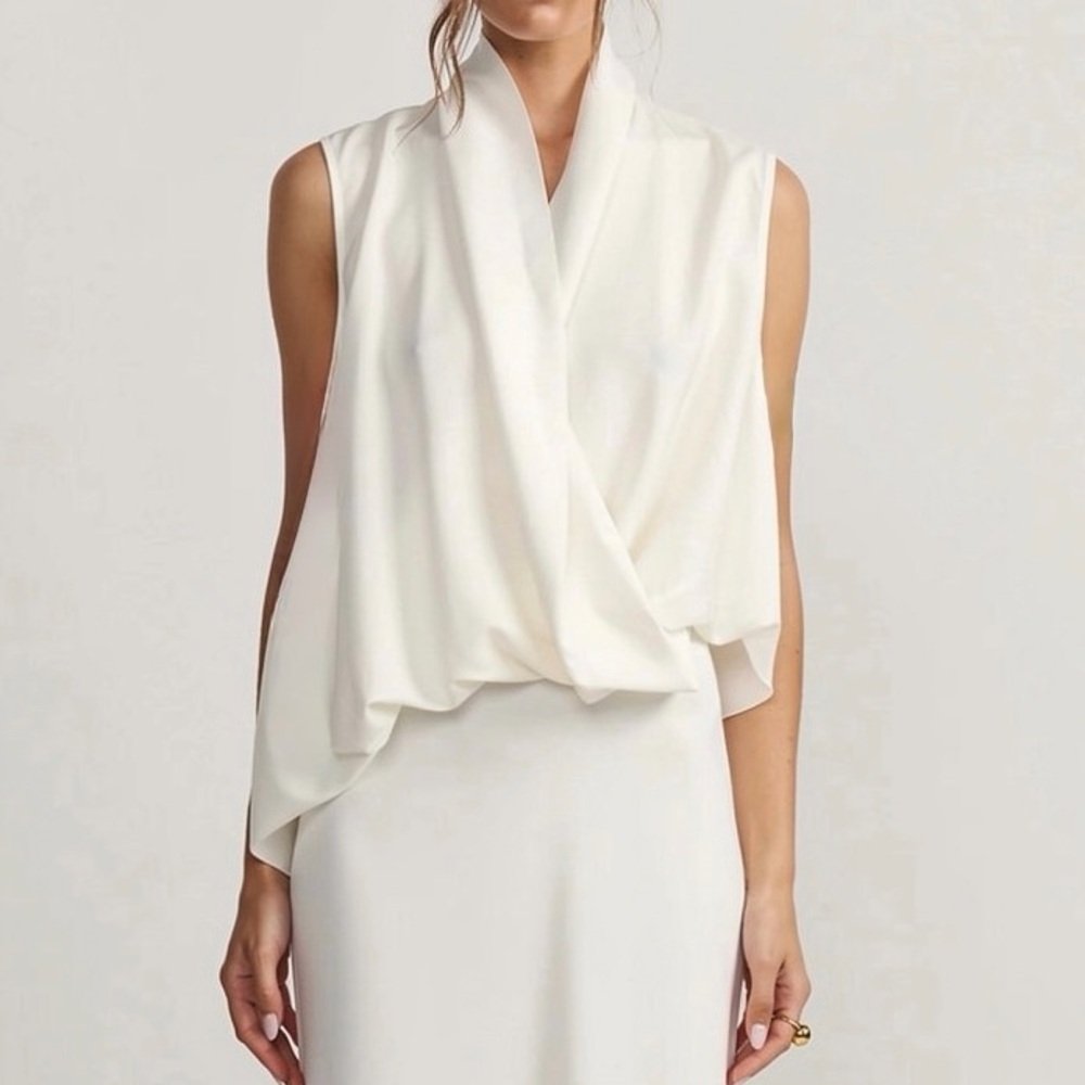 NWT Gracia Sleeveless Faux-Wrap Draped Blouse